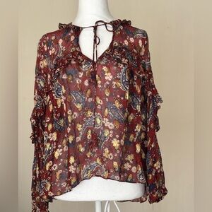 Zara Sheer Metalic Fabric Burgundy Paisley Tie-Neck Blouse